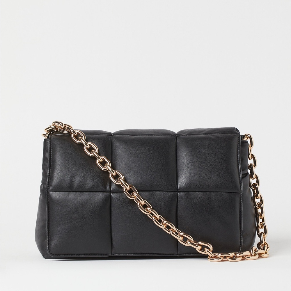Black Quilted Puffy Vegan Leather Shoulder Bag with Gold Chain Strap